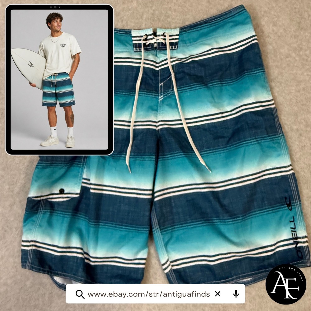ONeill Mens Teal Blue Striped Board Shorts Swim Trunks Size 34 Cargo Pocket
